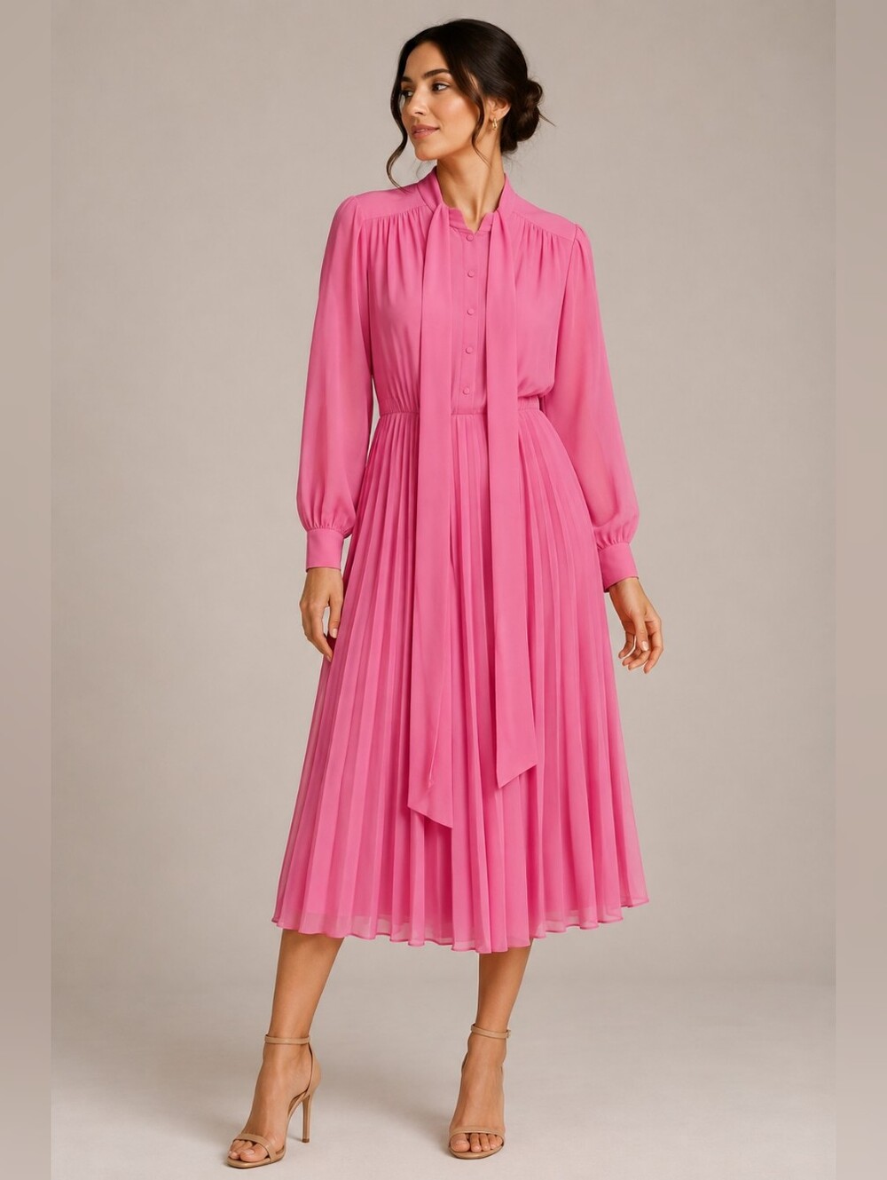 Mikael Aghal | Pleated Pink Long-Sleeve Tie-Neck Dress